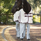Black horse wearing white rug and bluegum coloured ripstop cotton Canterpants