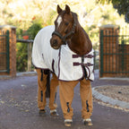 Chestnut pony standing on a driveway wearing a white rug and desert coloured full length leggings (Canterpants) with a gate and trees in the background