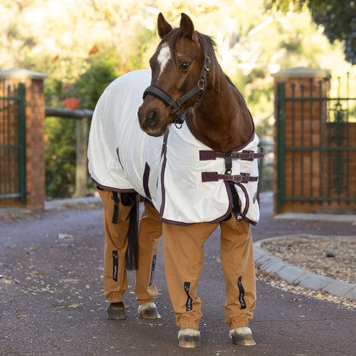 Chestnut pony standing on a driveway wearing a white rug and desert coloured full length leggings (Canterpants) with a gate and trees in the background
