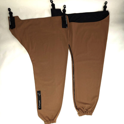 Large pair of desert coloured front leg Canterpants on white background