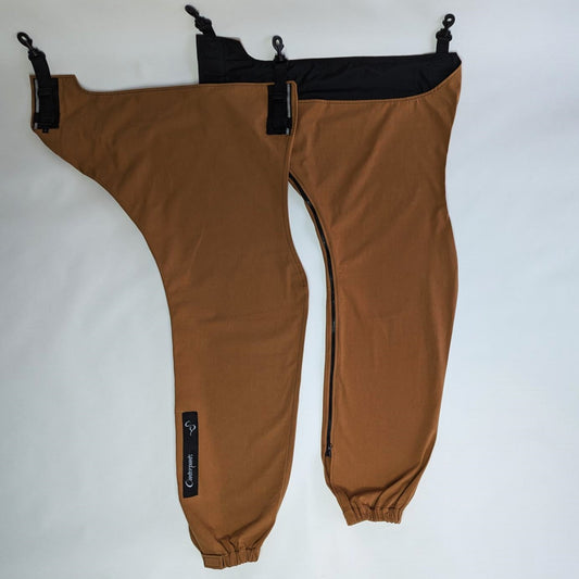 Large pair of desert coloured hind leg Canterpants on white background