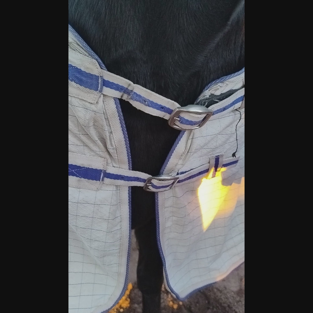 Video showing the chest buckle being attached to the chest strap of the horse's rug in two ways - clipped over the strap and threaded.